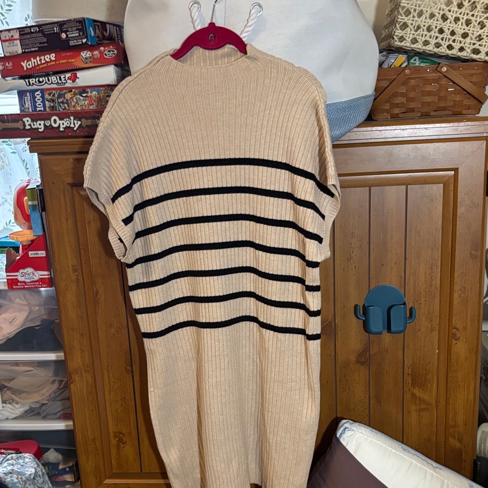Striped Beige and Black Midi Dress